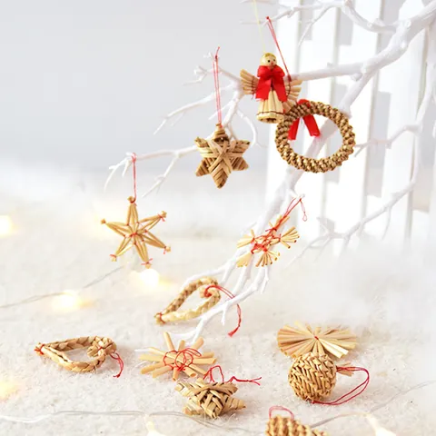 Lot de Décorations de Sapin de Noël en Paille de Blé Fait Main Étoiles Flocons de Neige Anges Rennes Décorations de Fête Maison
