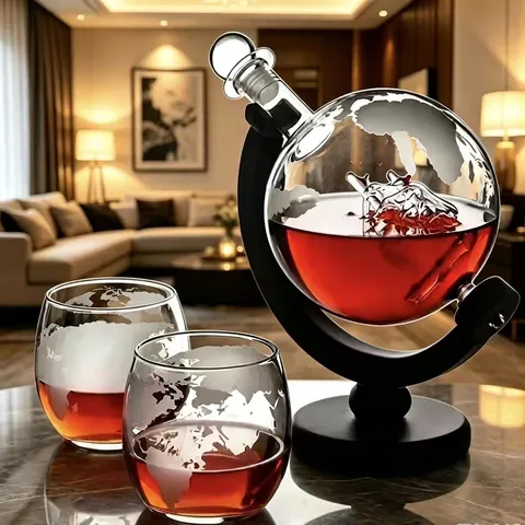 Globus Whiskey Dekantiergefäß Set Mit Glas Segelboot Innen Weltkarte Geätzt Likör Dekanter Antik Holz Basis Barware Set