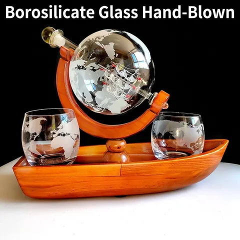 Globus Whiskey Dekantiergefäß Set Mit Glas Segelboot Innen Weltkarte Geätzt Likör Dekanter Antik Holz Basis Barware Set