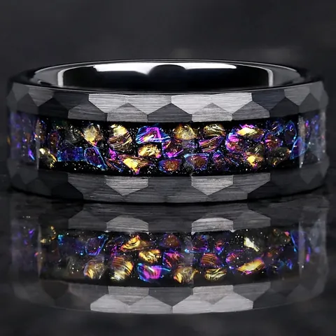 Stainless Steel Faceted Edge Ring Multicolor Inlay Galaxy Wood Grain Hammered Band Ring For Men Women Fashion Jewelry