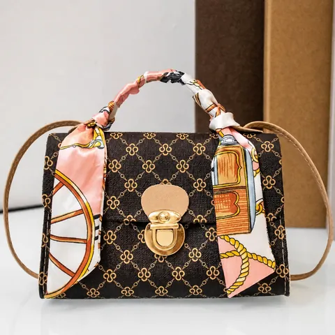 Women Sweet Shoulder Bag Scarf Wrapped Handle Small Square Crossbody Bag Crocodile Pattern Corduroy Printed Daily Fashion Handbag