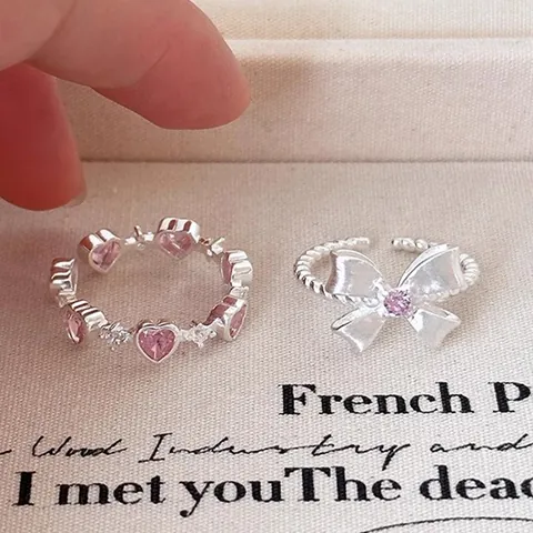 Anillo Abierto de Plata de Ley 925 Con Lazo y Corazón de Strass Rosa para Mujer Joyería Ajustable Estilo Coreano Dulce