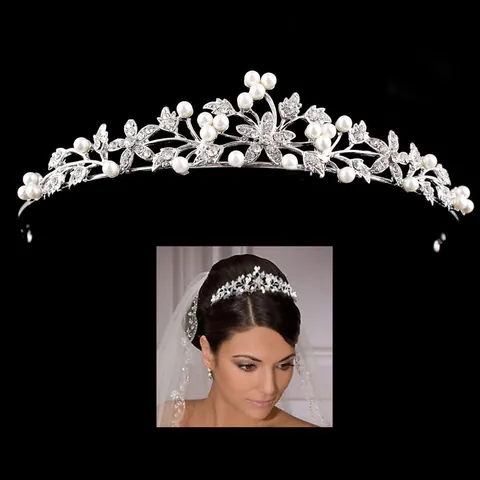Koreanischer Stil Legierung Künstliche Perle Strass Braut Krone Haαρband Elegant Blume Blatt Hochzeit Haarschmuck Für Mädchen