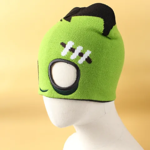 Gorro de Punto de Monstruo de Frankenstein de Halloween Divertido con Agujeros para Ojos Jacquard Gorro Cálido Poliéster