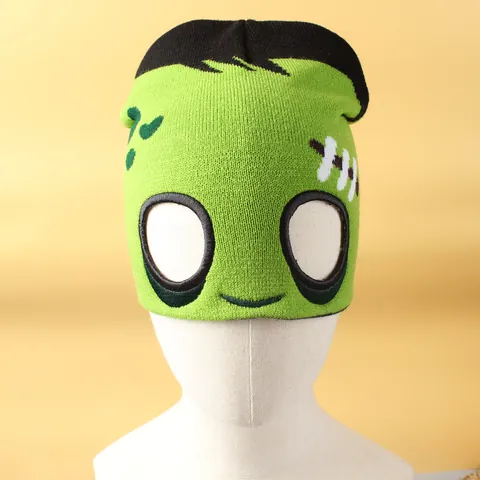 Gorro de Punto de Monstruo de Frankenstein de Halloween Divertido con Agujeros para Ojos Jacquard Gorro Cálido Poliéster