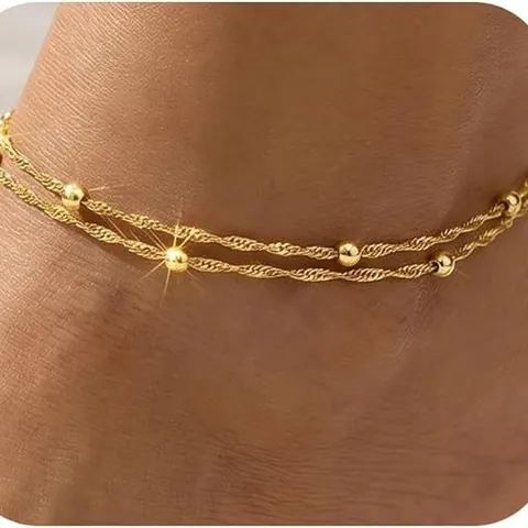 Mode Laiton Plaqué Or Double Couche Bracelet de Cheville pour Femmes Plage Vacances Vague Perle Chaîne Réglable Bijoux de Pied Accessoire