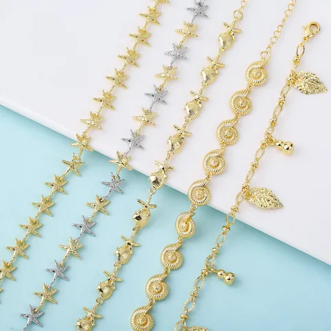 18K Gold Plated Copper Bracelet for Women Minimalist Zirconia Inlaid Star Heart Shell Geometry Chain Jewelry Gift