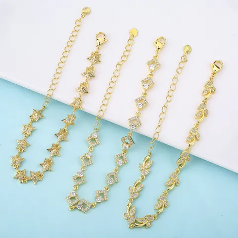 18K Gold Plated Copper Bracelet for Women Minimalist Zirconia Inlaid Star Heart Shell Geometry Chain Jewelry Gift