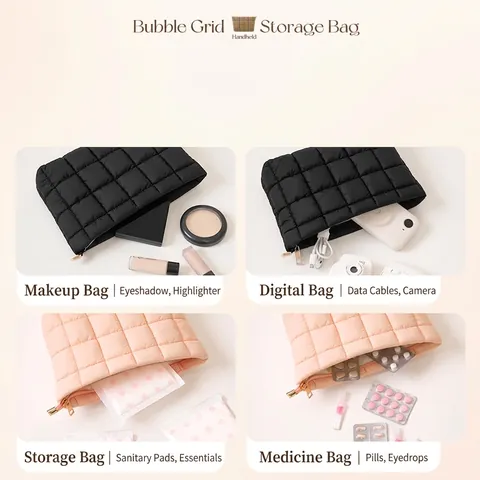 Draagbare Bubbelrooster Gevoerde Cosmetische Tas Grote Capaciteit Nylon Make-up Opslagtas Ins Stijl Handheld Toilettas Dames