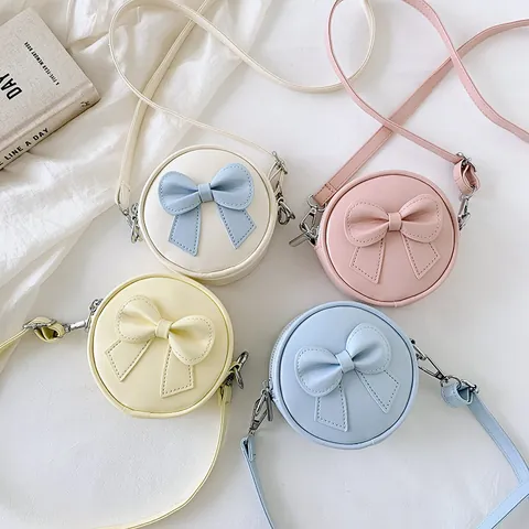 Borsa a Tracolla Mini Rotonda con Fiocco Dolce per Bambina Colore Macaron in Pelle PU Simpatica Accessori Quotidiani