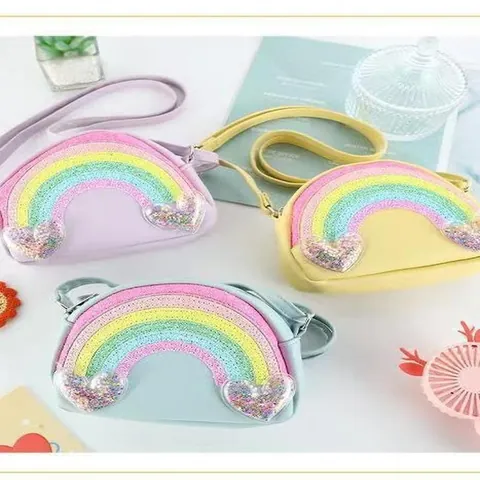 Mini Bolso Bandolera para Niños Lindo Arcoíris Corazón Lentejuelas Bolso de Hombro Cuero PU Correa Ajustable Pequeño Monedero de Viaje para Niñas