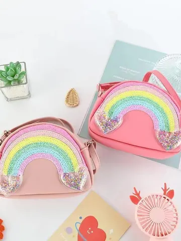 Mini Bolso Bandolera para Niños Lindo Arcoíris Corazón Lentejuelas Bolso de Hombro Cuero PU Correa Ajustable Pequeño Monedero de Viaje para Niñas