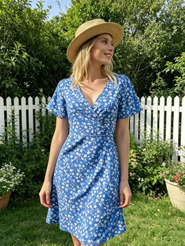 Vestito Corto a Fiori Donna Scollo a V Manica Corta Linea A Elegante a Portafoglio Vita Alta Boho Vacanza Estate Vestito Corto