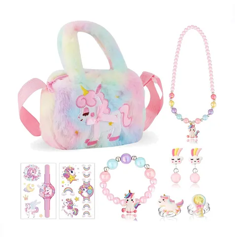 Bolso de Hombro de Peluche de Unicornio para Niños Juego de Joyas Arcoíris TPU Bolso para Niñas Incluye Collar Pulsera Pendientes Anillos Pegatinas