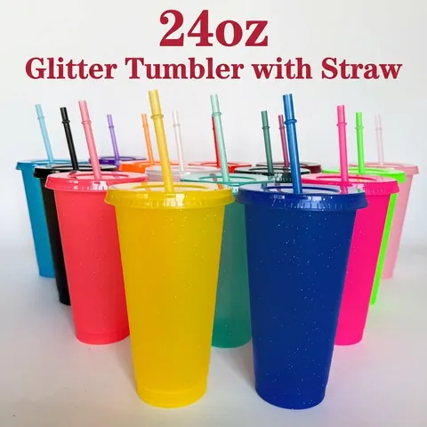 Grote Capaciteit Glitters Plastic Beker met Rietje Herbruikbare Koude Drank Beker Met Deksel en Rietje BPA Vrij Draagbare Waterfles
