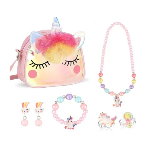 Bolso de Hombro de Peluche de Unicornio para Niños Juego de Joyas Arcoíris TPU Bolso para Niñas Incluye Collar Pulsera Pendientes Anillos Pegatinas