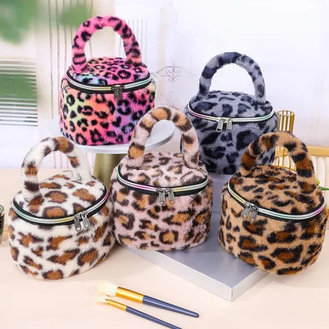 Portable Plush Leopard Print Cylindrical Cosmetic Bag For Women Fashion Soft Faux Fur Travel Makeup Storage Handheld Zipper Pouch