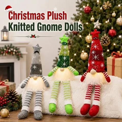 Weihnachtswichtel Plüsch Ornamente Mit Leuchtender Schneeflocke Strickmütze Und Sternspitze Leuchtpuppen Für Feiertags Tischdekoration