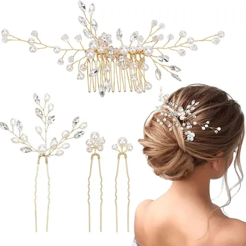 Bridal Wedding Hair Accessories Handmade Artificial Pearl Rhinestone Hair Comb U-Shaped Hair Pins For Women Elegant Jewelry