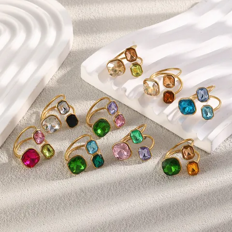 Adjustable Stainless Steel Open Ring For Women 18K Gold Plated Geometric Colorful Rhinestone Statement Fashion Jewelry Ring