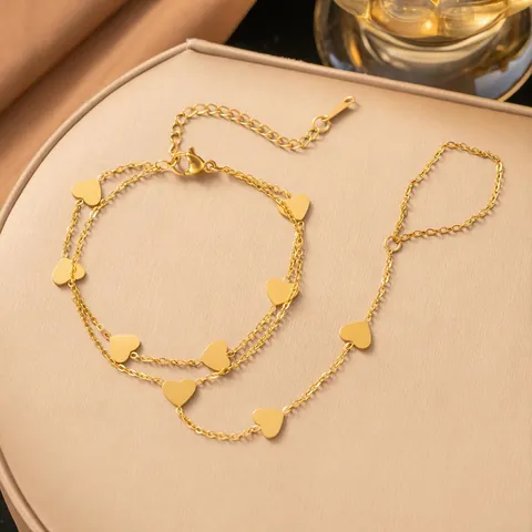 Conjunto de Joyas de Acero de Titanio Collar de Doble Capa con Borla de Corazón y Pulsera de Anillo para Mujer Chapado en Oro Elegante Minimalista