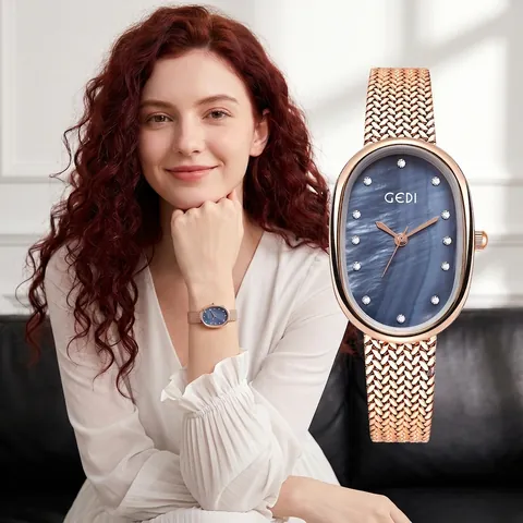 Damen Quarz Uhr Oval Perlmutt Zifferblatt Rheinstone Elegant Wasserdicht Geflochtenes Mesh Legierung Armband Vintage Luxus