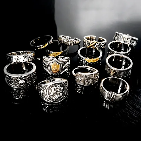 Vintage Punk Open Rings Copper Metal Adjustable Gothic Mythical Shield Crown Jewelry For Men Unisex Retro Industrial