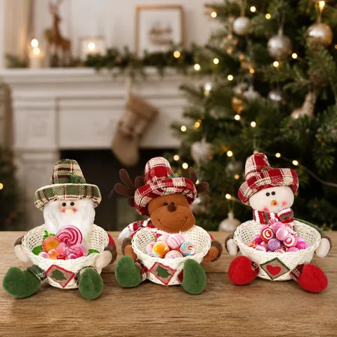 Cesto di Caramelle Natalizie Babbo Natale Pupazzo di Neve Renna in Peluche Cesto in Bambù Intrecciato Decorazione da Tavolo Regalo