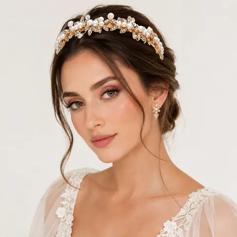 Handmade Bridal Flower Leaf Headband Alloy Artificial Pearl Rhinestone Tiara Sweet Wedding Party Hair Accessories For Women