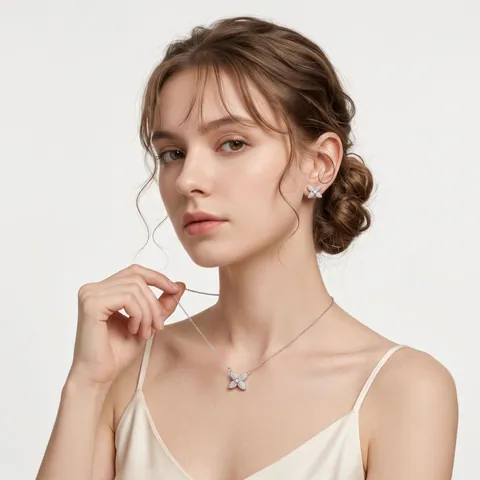 Luxe Zirkonia Ketting En Oorbellen Sieraden Accessoire Legering Zilverkleur Ingelegde Strass Bloem Klaver Hoefijzer Waaier Hanger Voor Vrouwen Feest Bruiloft