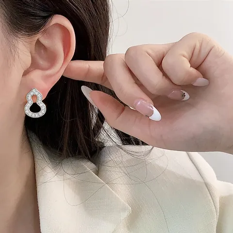 Gourd Stud Earrings Copper Rhinestone Inlaid Elegant Luxury Oriental Style For Women With 925 Sterling Silver Earring Post