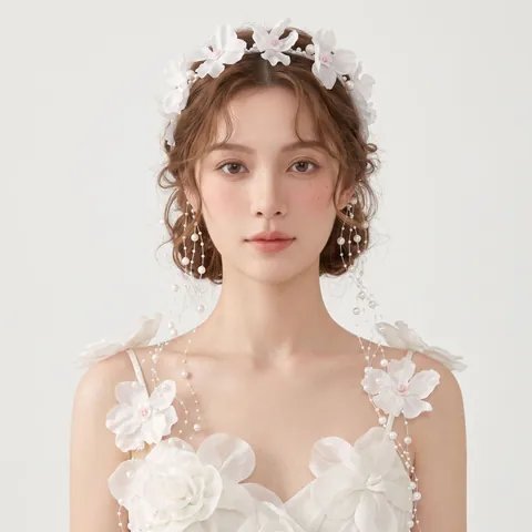 Sweet Cloth Flower Headband With Imitation Artificial Pearl Bead Chain Tassels For Wedding Party Photography Romantic Hair Hoop