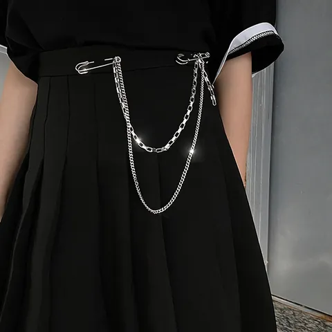 Hip Hop Punk Zinklegierung Doppelschicht Kette Brosche Mit Sicherheitsnadel Für Herren Damen Silber Farbe Taillenkette Anzug Zubehör