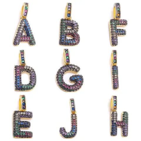 Alphabet Letter Pendant Charm Copper With Colorful Zircon DIY Jewelry Making Pavé Rainbow Hip Hop Style