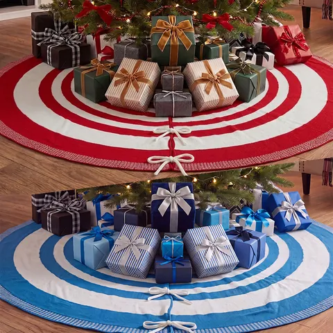 Christmas Tree Skirt Red White Blue Striped Knitted Polyester Round Tree Mat For Christmas Tree Base Holiday Party Home Decor