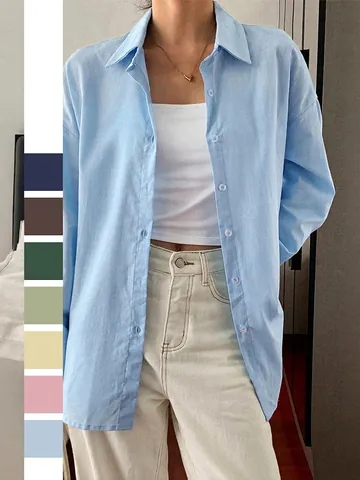 Damesoverhemd Van 100% Katoen Lange Mouwen Losse Pasvorm Casual Met Borstzak Effen Kleur Vakantie Streetwear Blouse