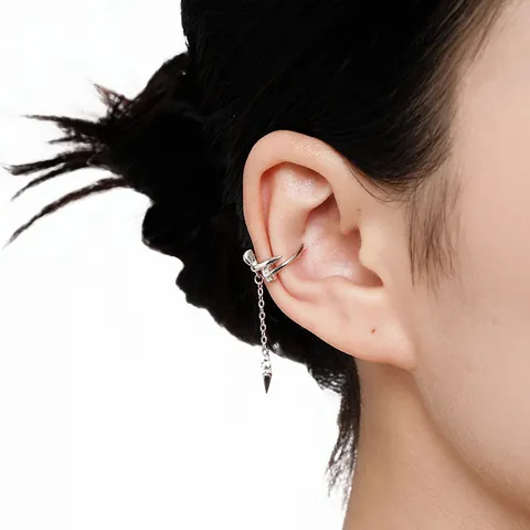 925 Sterling Silver Nail Ear Cuff With Rhinestone Tassel Long Chain Cone Pendant Punk Edgy No Piercing Earring For Women
