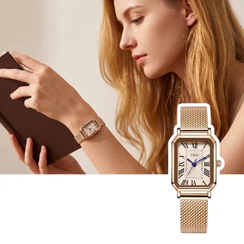 Reloj De Cuarzo Para Mujer Caja De Aleación Rectangular Esfera Con Números Romanos Correa De Malla De Acero Inoxidable Estilo Vintage