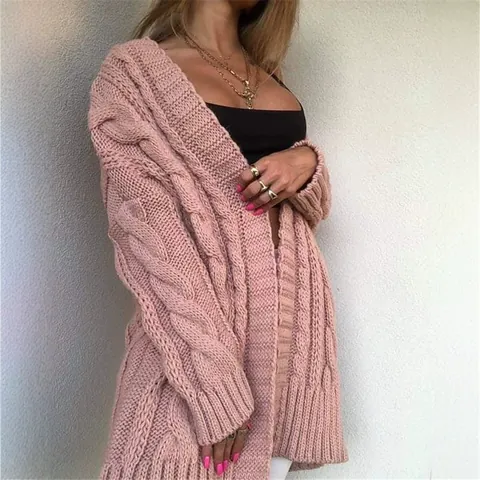 Women Casual Cable Knit Cardigan Loose Mid-length V-Neck Open Front Solid Color Cotton Acrylic Blend Winter Sweater