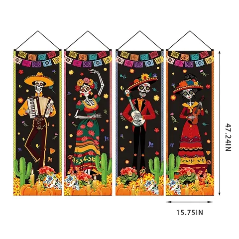 Letrero De Porche Mexicano Día De Los Muertos Dia De Los Muertos Banderas Colgantes Para Decoración De Fiesta Hogar Exterior Interior Poliéster Esqueleto Cala de Azúcar Patrón Floral