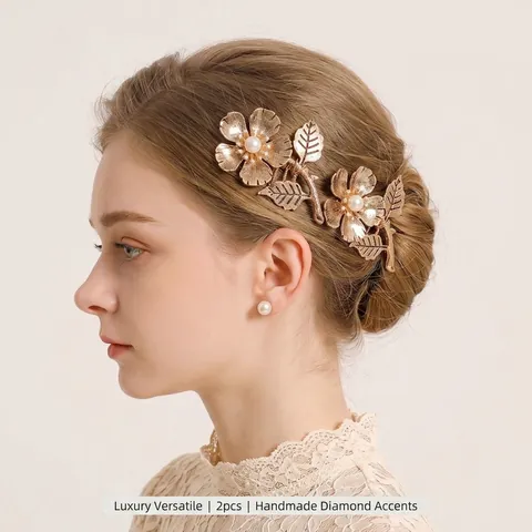 Juego de Peines para el Cabello de Aleación de Oro Vintage con Flores Perlas Artificiales y Strass Accesorios para Novia