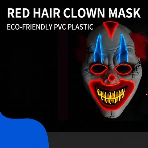 LED Glowing Horror Clown Mask With Red Long Hair PVC Scary Halloween Cosplay Party Prop Festive Costume Accessory