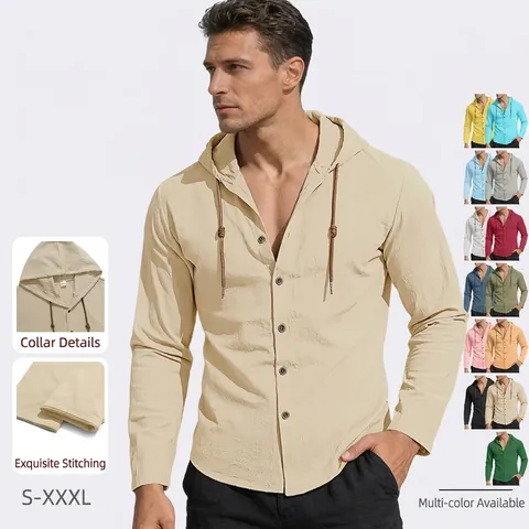 Herren Kapuzenhemd 100% Baumwolle Leinenoptik Langarm Button Down Strand Urlaub Atmungsaktives Oberteil