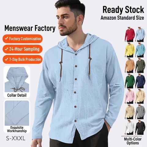Herren Kapuzenhemd Baumwolle Leinen Langarm Kordelzug Button Down Einfarbig Lässig Strand Urlaub Top