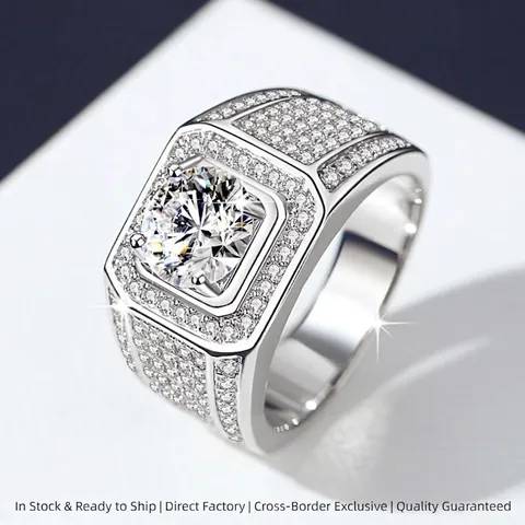 Bague De Luxe Pour Homme Argent Sterling 925 Moissanite Zircon Carré Pavé Bling Bijoux Business