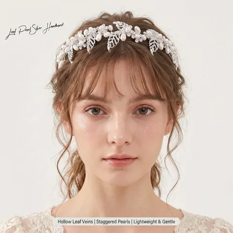 Eleganter Silber Braut Haarreif Blatt Blumen Design Künstliche Perle Strass Kopfschmuck Für Hochzeit Bankett Party Damen Haarschmuck
