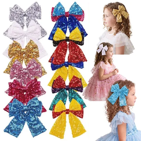 Kids Sequin Large Bow Hair Clip Sparkling Cloth Bowknot Alligator Clip Hairpin For Girls Party Performance Accessories