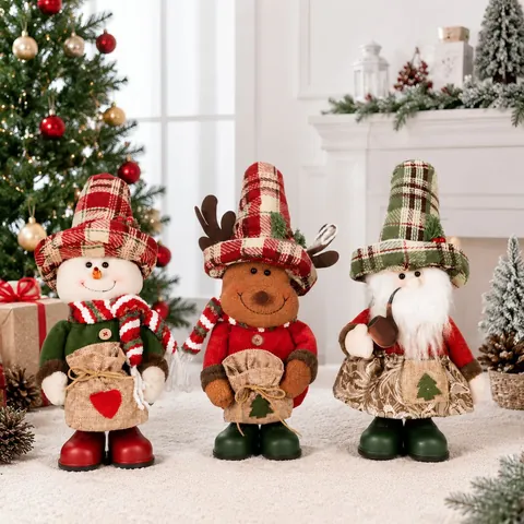 Christmas Standing Gnomes Plush Doll Ornaments Santa Snowman Reindeer With Plaid Hat Burlap Bag For Xmas Home Party Decoration
