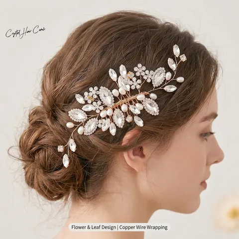 Peine De Pelo De Novia Hecho A Mano Perla Artificial Rhinestone Flor Hoja Retro Tocado De Boda Mujeres Elegante Vintage Joyería