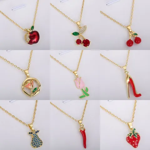 Fashion Fruit Pendant Necklace For Women 18K Gold Plated Copper Rhinestone Cherry Strawberry Apple Necklace Luxury Clavicle Chain Jewelry